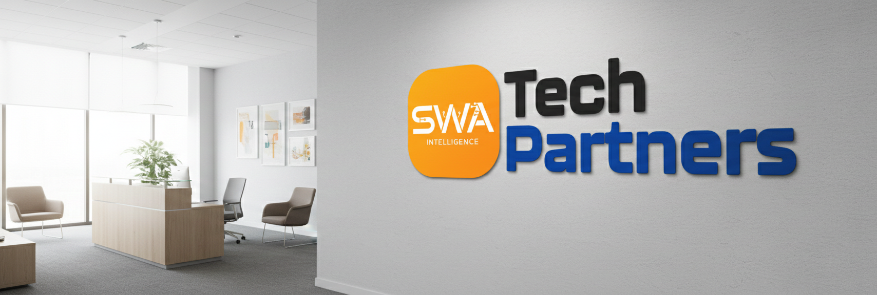 SWA Tech Partners office reception with the company signage on the wall